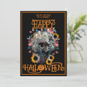 Happy Halloween Skull Floral Party Zwart Sinaasapp Kaart (Staand voorkant)