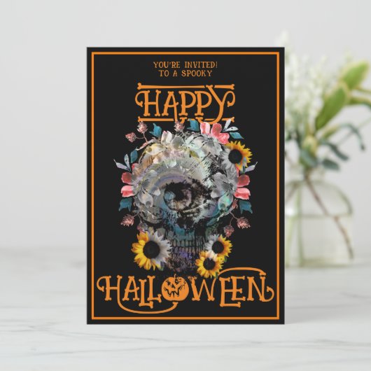 Happy Halloween Skull Floral Party Zwart Sinaasapp Kaart (Staand voorkant)