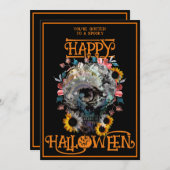 Happy Halloween Skull Floral Party Zwart Sinaasapp Kaart (Voorkant / Achterkant)