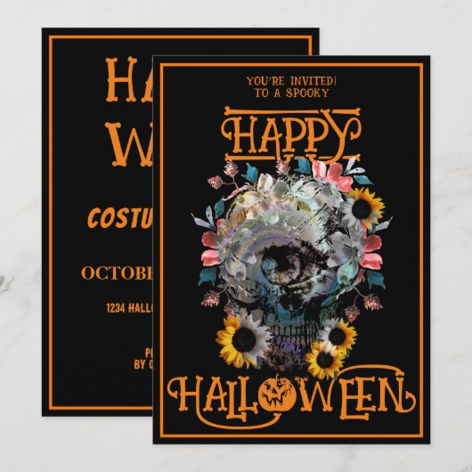 Happy Halloween Skull Floral Party Zwart Sinaasapp Kaart (Voorkant / Achterkant)