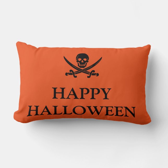 Happy Halloween Skull met haar Broom Oranje Throw Kussen (Voorkant)