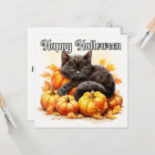Happy Halloween Sleepy Black Kitty Cat Kaart (Voorkant / Achterkant in situ)
