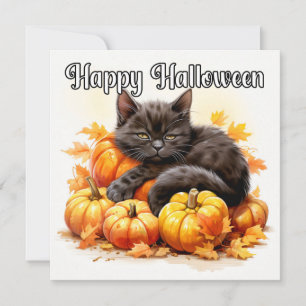 Happy Halloween Sleepy Black Kitty Cat Kaart