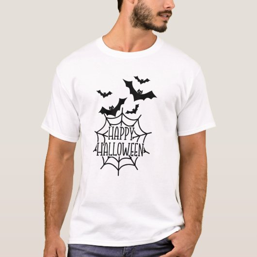 Happy Halloween Spiderweb & Vliegende Vleermuizen T-shirt (Voorkant)