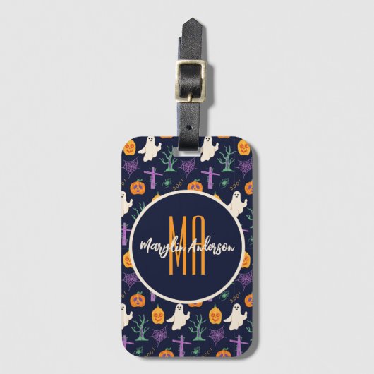 HAPPY HALLOWEEN SPOOKY CUSTOMIZABLE MONOGRAM BAGAGELABEL (Voorkant (verticaal))