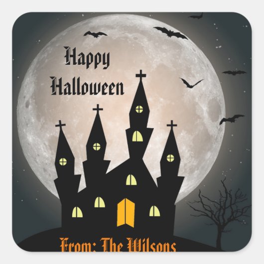 Happy Halloween Spooky Haunted House Moon Bats Vierkante Sticker (Voorkant)