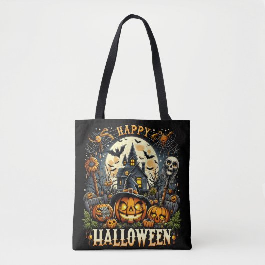 Happy Halloween Spooky Haunted House & Pumpkins Tote Bag (Voorkant)