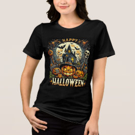 Happy Halloween Spooky Haunted House & Pumpkins Tri-Blend Shirt