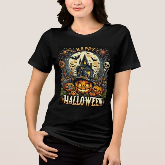 Happy Halloween Spooky Haunted House & Pumpkins Tri-Blend Shirt (Voorkant)