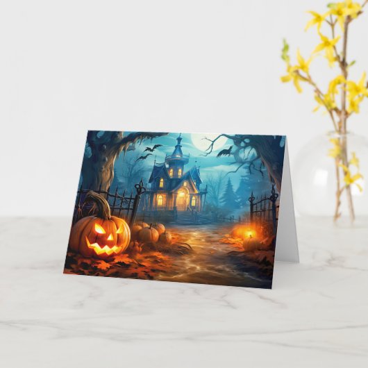 Happy Halloween Spooky Haunted Manor Kaart (Gele Bloem)