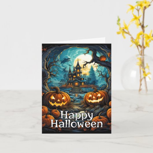 Happy Halloween | Spooky Haunted Mansion Kaart (Gele Bloem)