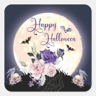 Happy Halloween Spooky Moon en waterverf rozen Vierkante Sticker