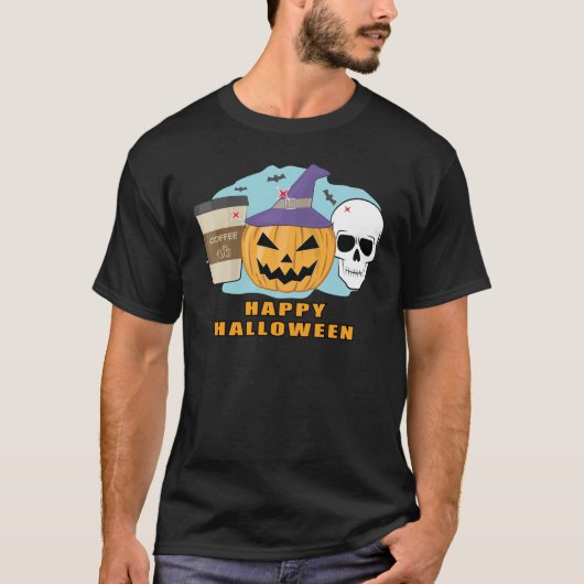 Happy Halloween - Spooky schedel, pompoen & koffie T-shirt (Voorkant)