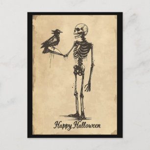 Happy Halloween Spooky Skeleton Black Bird Briefkaart