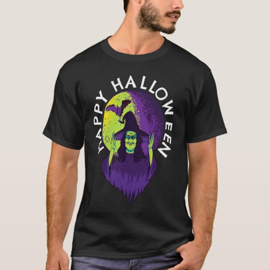 Happy Halloween Spooky Witch and Vampire Bat in Fu T-shirt (Voorkant)