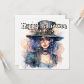 Happy Halloween | Steampunk Heksenillustratie Kaart (Voorkant / Achterkant in situ)