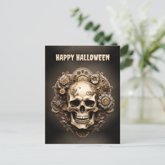 Happy Halloween Steampunk Skull Skeleton Briefkaart (Staand voorkant)