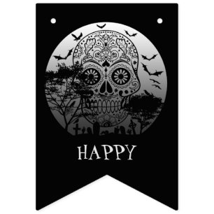 Happy Halloween Sugar Skull Graveyard Full Moon 1 Vlaggetjes
