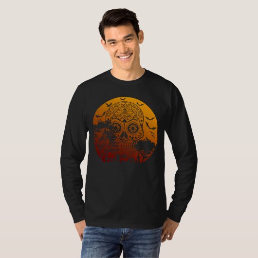 Happy Halloween Sugar Skull Graveyard Full Moon 2 T-shirt (Voorkant volledig)