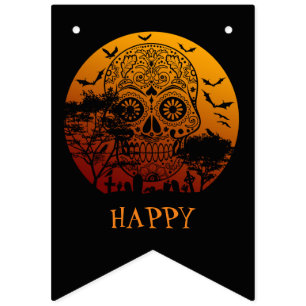 Happy Halloween Sugar Skull Graveyard Full Moon 2 Vlaggetjes