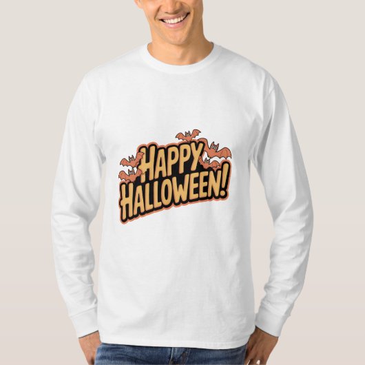 Happy Halloween T-Shirt met Cartoon Bats (Voorkant)