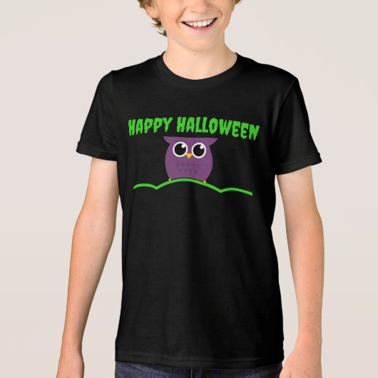 Happy Halloween T-Shirt met Schattigee Uil (Voorkant)
