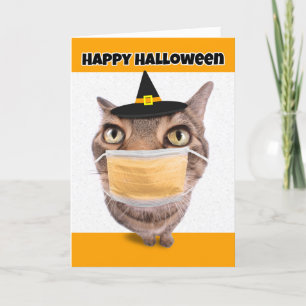 Happy Halloween Tabby Cat in Coronavirus Face Mask Feestdagen Kaart