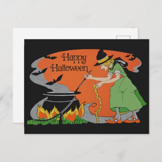 Happy Halloween Tekening Oude heks & vleermuizen Briefkaart (Voorkant / Achterkant)