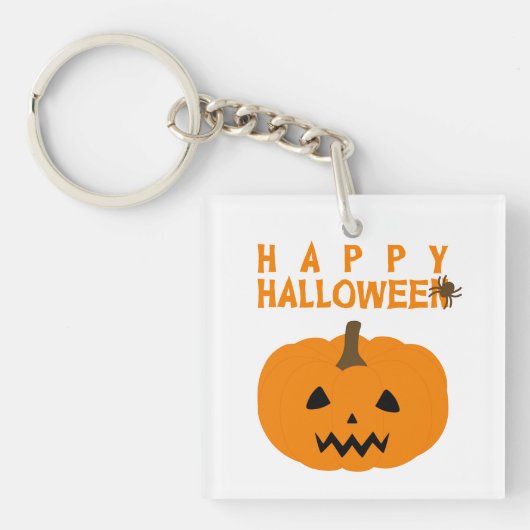 Happy Halloween-tekst en pompoen op witte Sleutelh Sleutelhanger (Voorkant)