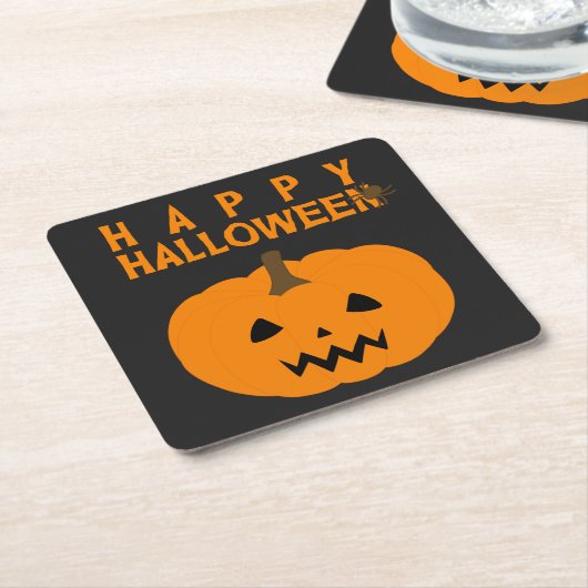 Happy Halloween-tekst en pompoen op zwart Kartonnen Onderzetters (Schuin)