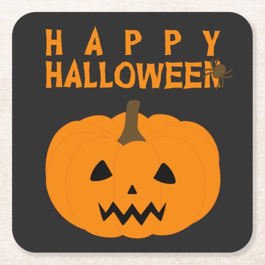 Happy Halloween-tekst en pompoen op zwart Kartonnen Onderzetters (Voorkant)