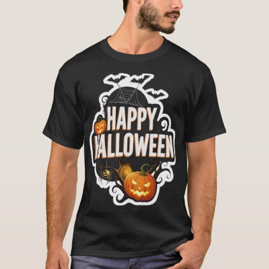 Happy Halloween text with spooky pumpkins bats and T-shirt (Voorkant)