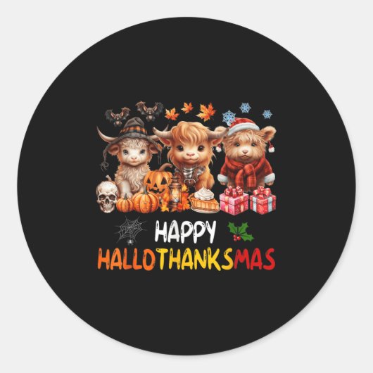 Happy Halloween Thanksgiving Christmas Highland Co Ronde Sticker (Voorkant)
