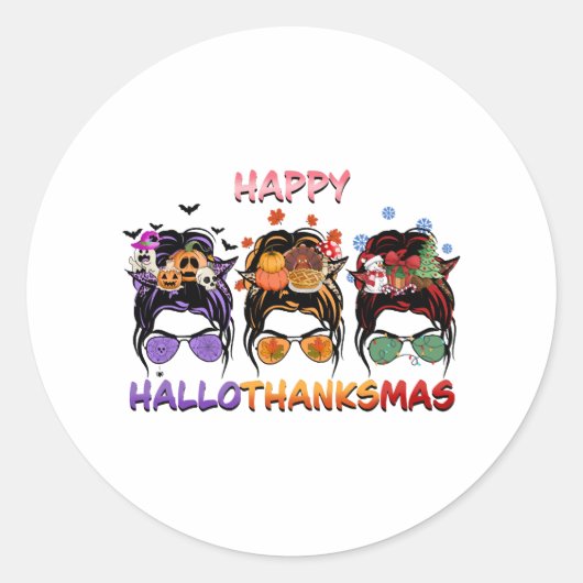 Happy Halloween Thanksgiving Kerst Messy Bun Ronde Sticker (Voorkant)