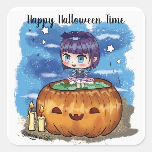 Happy Halloween Time Chibi Pumpkin Vierkante Sticker (Voorkant)