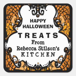 Happy Halloween Treats Sinaasappel Zwart & Wit Cus Vierkante Sticker