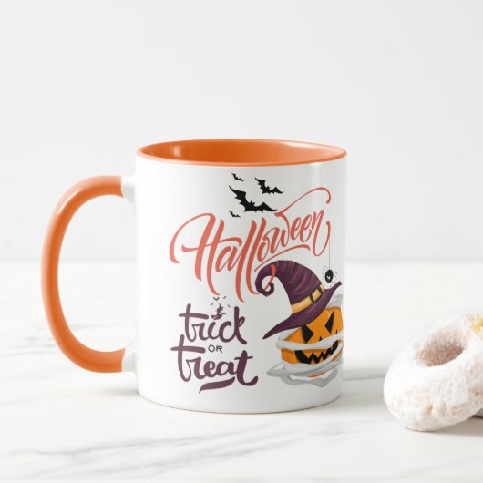 Happy Halloween Trick or treat Pumpkin Coffee Mok (Met donut)