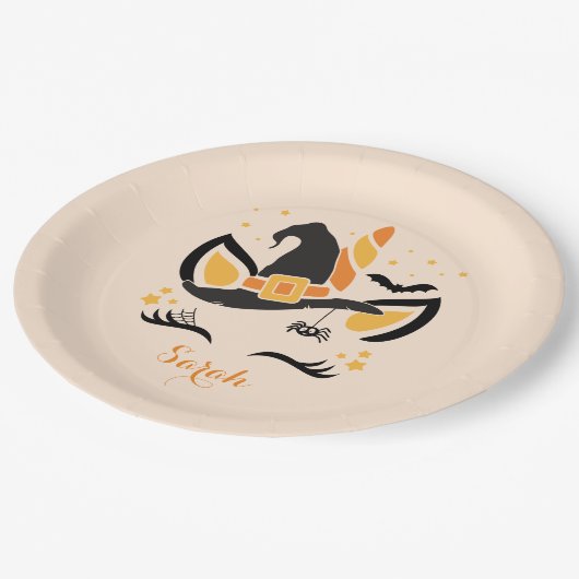 Happy Halloween Unicorn Witch met Eyelashes Papieren Bordje (Gekanteld)