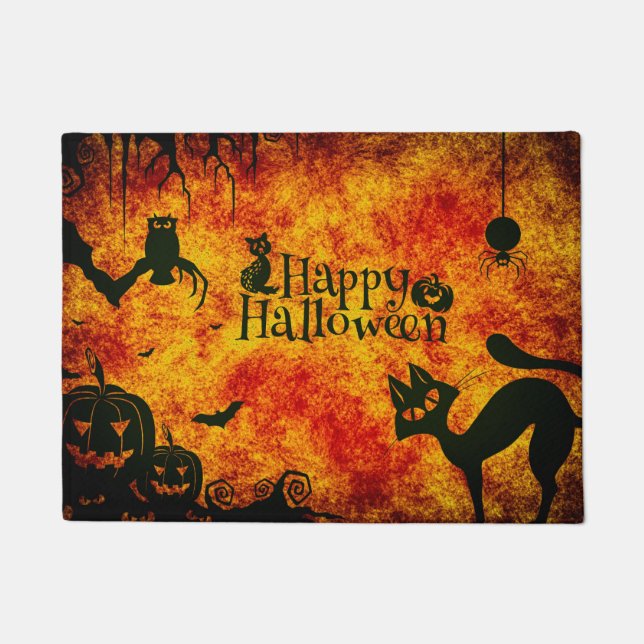 Happy Halloween Vakantie Welkom Zwarte Katten Deurmat (Voorkant)