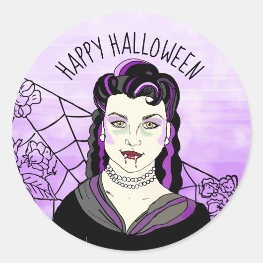 Happy Halloween Vampire en spiderwebben Ronde Sticker (Voorkant)