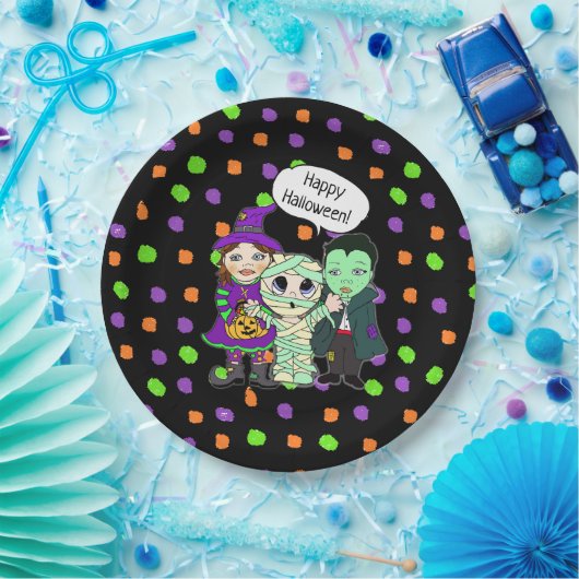 Happy Halloween Vampire, heks, Mummy Polka Dot Papieren Bordje (Feest)
