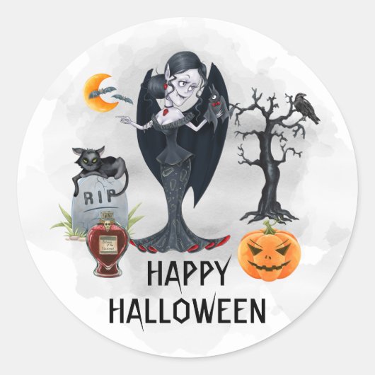 Happy Halloween Vampire Waterverf Ronde Sticker (Voorkant)