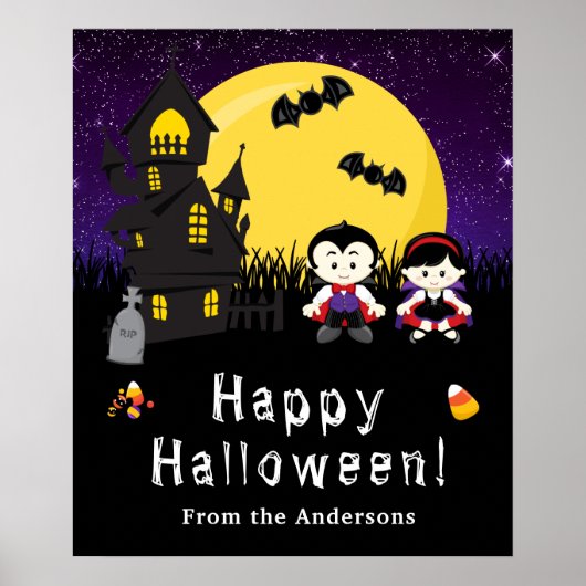 Happy Halloween Vampires Paarse Party Sign Poster (Voorkant)