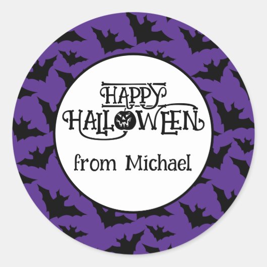 Happy Halloween vleermuizen paarse zwarte spooky J Ronde Sticker (Voorkant)