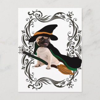 Happy Halloween Vliegende Bezem Heks Pug Briefkaart