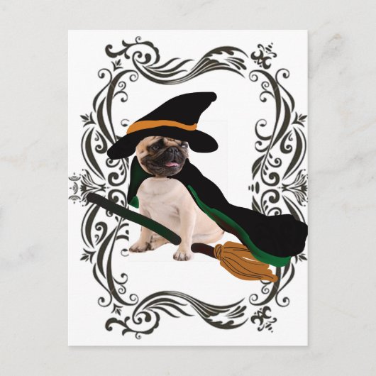 Happy Halloween Vliegende Bezem Heks Pug Briefkaart (Voorkant)