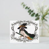 Happy Halloween Vliegende Bezem Heks Pug Briefkaart (Staand voorkant)