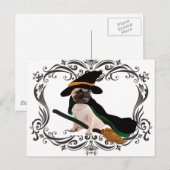 Happy Halloween Vliegende Bezem Heks Pug Briefkaart (Voorkant / Achterkant)