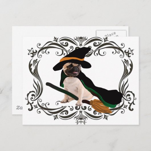 Happy Halloween Vliegende Bezem Heks Pug Briefkaart (Voorkant / Achterkant)