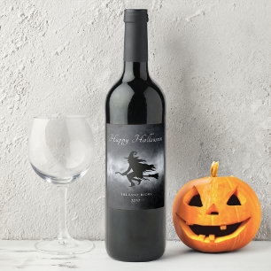 Happy Halloween-vliegende heks gepersonaliseerd Wijn Etiket